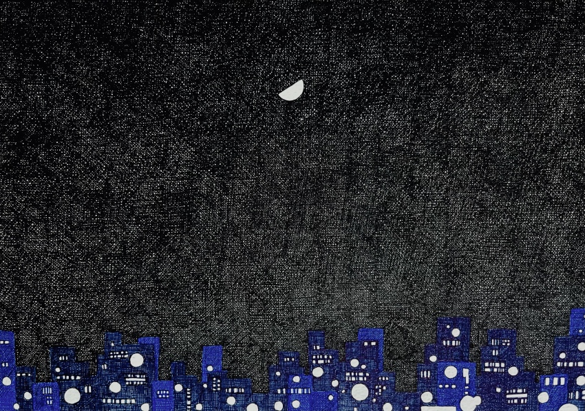 absurdres black_sky building city city_lights colored_pencil_(medium) half_moon highres ibsukionsen moon night no_humans original scenery sky sky_focus traditional_media