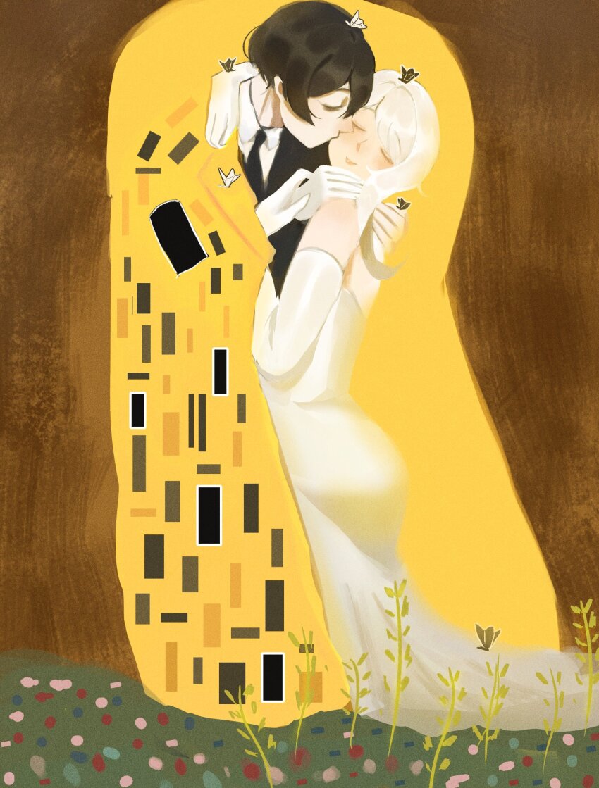 1boy 1girl backless_dress backless_outfit black_hair black_necktie black_suit bug butterfly closed_eyes commentary couple dress e.g.o_(project_moon) elbow_gloves english_commentary everlasting_(e.g.o) faust_(project_moon) fine_art_parody formal_clothes gloves hetero highres insect kiss kissing_cheek limbus_company long_hair machi_002 necktie parody project_moon shirt short_hair smile solemn_lament_(e.g.o) suit the_kiss white_dress white_gloves white_hair white_shirt yi_sang_(project_moon)