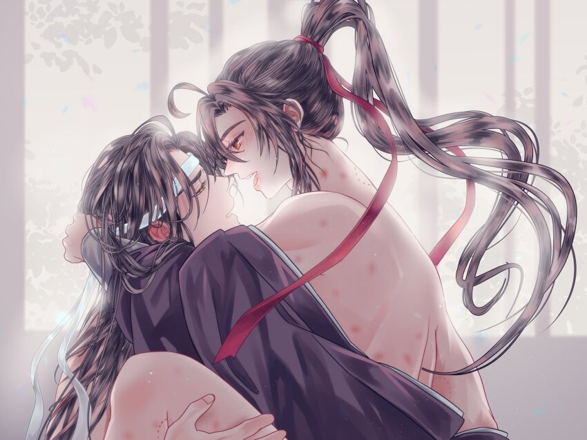2boys ahoge anal bare_back bare_shoulders bbbeyonce099 bite_mark black_hair black_hanfu black_robe blush carrying chinese_clothes ear_blush eye_contact from_side hair_ribbon hand_on_another&#039;s_head hanfu headband hickey high_ponytail highres hug implied_sex indoors lan_wangji leg_grab long_hair long_sleeves looking_at_another male_focus modao_zushi multiple_boys off_shoulder open_mouth ponytail profile red_eyes red_ribbon ribbon robe sex upper_body wei_wuxian white_headband yaoi yellow_eyes