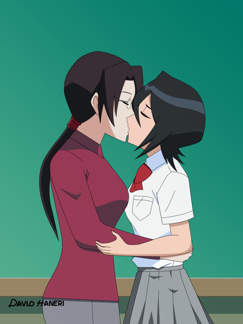2girls absurdres black_hair bleach breasts closed_eyes female_pervert glasses hair_ornament highres kuchiki_rukia long_hair medium_breasts medium_hair miniskirt multiple_girls pervert pixiv presenting school school_uniform sexually_suggestive short_hair skirt teacher teacher_and_student