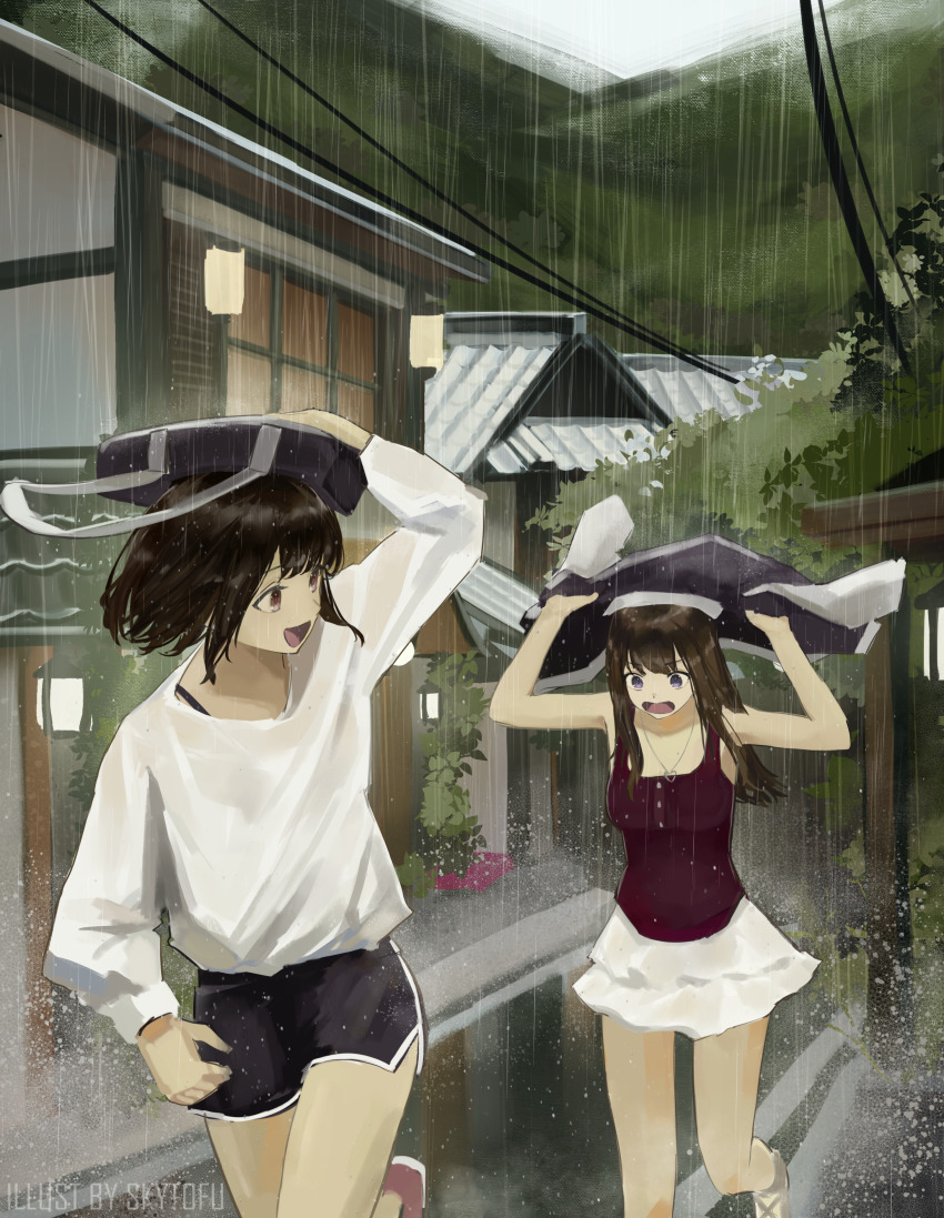2girls absurdres bag_over_head black_shorts brown_hair building dolphin_shorts highres holding holding_jacket holding_unworn_clothes house jacket jacket_over_head long_hair long_sleeves mountain multiple_girls open_mouth original outdoors power_lines rain red_shoes red_tank_top running scenery shirt shoes short_hair shorts skirt skytofu sleeveless slice_of_life tank_top tongue unworn_jacket white_shirt white_shoes white_skirt