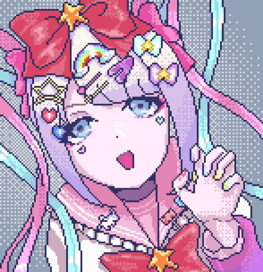 blue_eyes blue_hair bow chouzetsusaikawa_tenshi-chan chouzetsusaikawa_tenshi-chan_(nidiga_tozai) colored_tips dithering from_above hair_bow hair_ornament hairclip heart heart_hair_ornament highres koharustuki looking_at_viewer multicolored_hair multiple_hair_bows nail_polish neck_ribbon needy_girl_overdose open_mouth outstretched_hand pink_hair pink_shirt pixel_art quad_tails rainbow_hair_ornament ribbon sailor_collar shirt sidelocks star_(symbol) star_hair_ornament