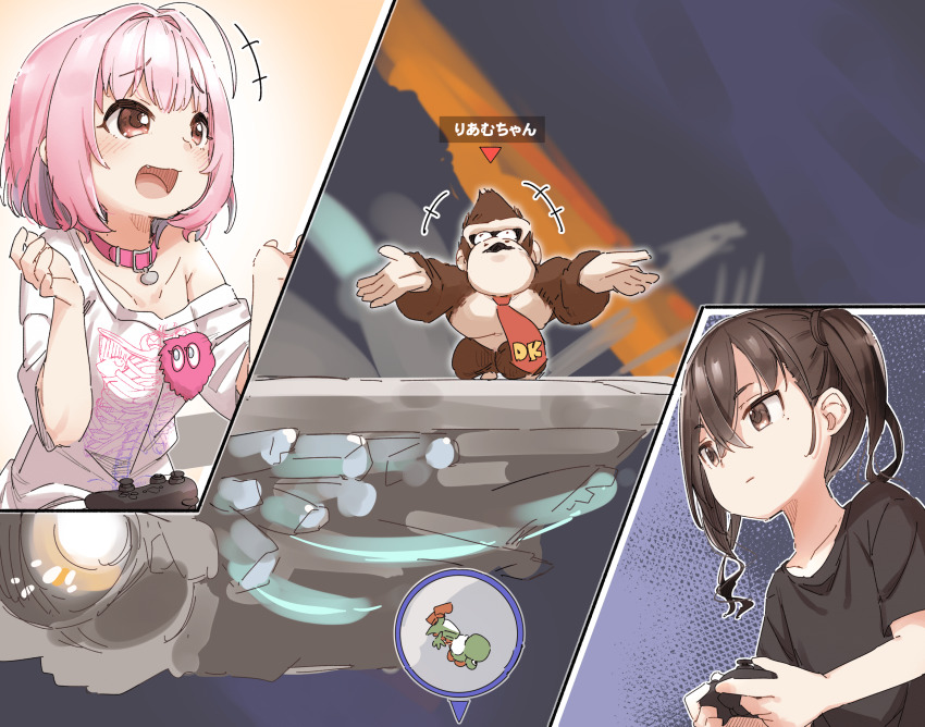2girls ahoge black_shirt blue_hair blush breasts brown_eyes brown_hair closed_mouth collar collarbone commentary controller donkey_kong donkey_kong_(series) final_destination_(smash_bros) gameplay_mechanics hair_between_eyes hands_up heart_on_chest highres holding holding_controller idolmaster idolmaster_cinderella_girls jewelry large_breasts long_hair mario_(series) mole mole_under_eye multicolored_hair multiple_girls necktie nintendo nintendo_switch_pro_controller open_mouth pink_collar pink_eyes pink_hair playing_games red_neckwear shirt short_hair short_sleeves skeleton_print sunazuka_akira super_smash_bros. t-shirt taunting translated twintails two-tone_hair upper_body yoshi yukie_(kusaka_shi) yumemi_riamu