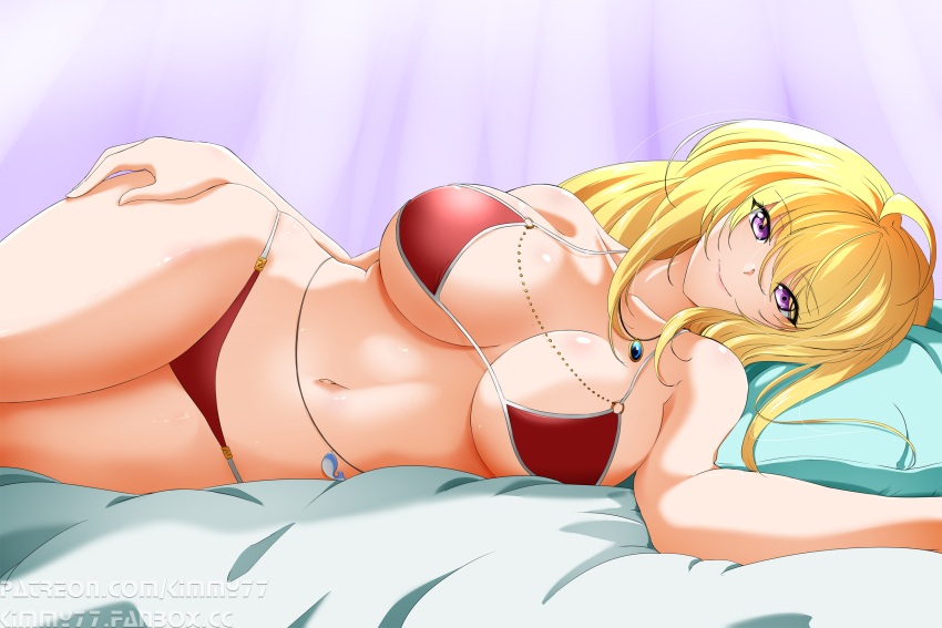 1girl bed bikini blonde_hair dolphin highres jewelry kimmy77 long_hair looking_at_viewer necklace pillow purple_eyes red_bikini rwby solo swimsuit waist_jewel yang_xiao_long
