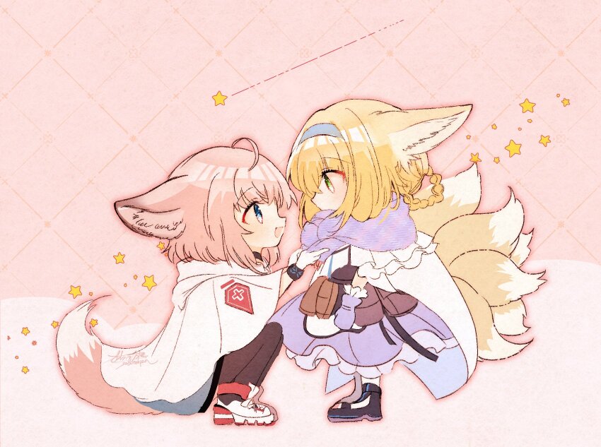 2girls animal_ears arknights black_footwear black_pantyhose blonde_hair blue_eyes blue_hairband braid braided_hair_rings coat commentary_request dress fox_ears fox_girl fox_tail from_side green_eyes hair_rings hairband highres kitsune kyuubi multiple_girls multiple_tails oonohara_kenya open_mouth pantyhose pink_background pink_hair purple_dress purple_scarf scarf short_hair squatting standing star_(symbol) sussurro_(arknights) suzuran_(arknights) tail twin_braids white_coat white_footwear