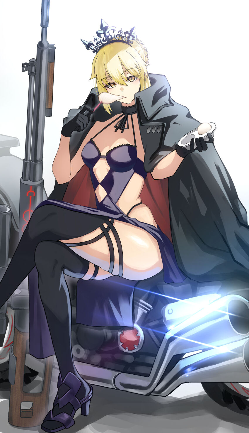 1girl absurdres artoria_pendragon_(fate) artoria_pendragon_alter_(swimsuit_rider)_(fate) artoria_pendragon_alter_(swimsuit_rider)_(third_ascension)_(fate) bare_shoulders black_coat black_gloves black_thighhighs blonde_hair blue_dress braid breasts cleavage coat coat_on_shoulders crossed_legs dress eating fate/grand_order fate_(series) food gloves gun hair_bun highres long_hair long_sleeves looking_at_viewer medium_breasts mochi motor_vehicle motorcycle open_clothes open_coat rifle shibao_aoyama sidelocks sitting sniper_rifle thighhighs tiara weapon yellow_eyes