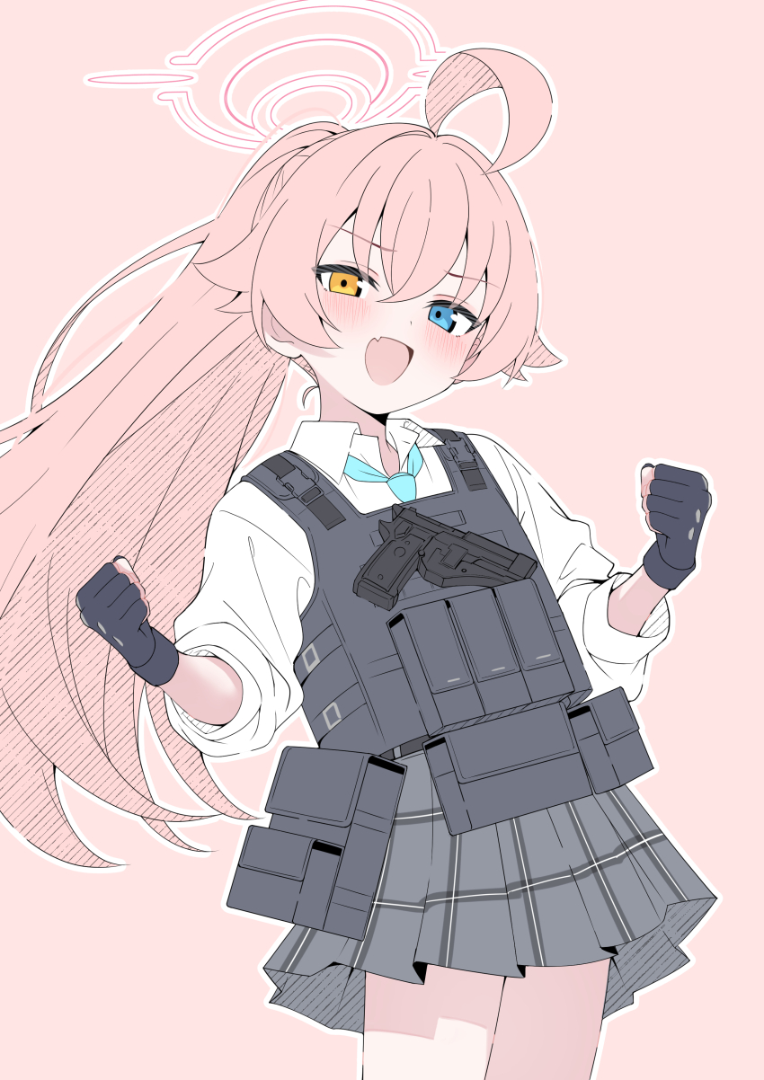 1girl :d absurdres beretta_92 black_gloves blue_archive blue_eyes blush bulletproof_vest clenched_hands commentary_request fang fingerless_gloves gloves grey_skirt gun halo handgun heterochromia highres hoshino_(armed)_(blue_archive) hoshino_(blue_archive) long_hair looking_at_viewer mistel_(sukebemistel) open_mouth pink_background pink_hair plaid_clothes plaid_skirt pleated_skirt ponytail school_uniform simple_background skin_fang skirt smile tactical_school_uniform weapon white_halo yellow_eyes
