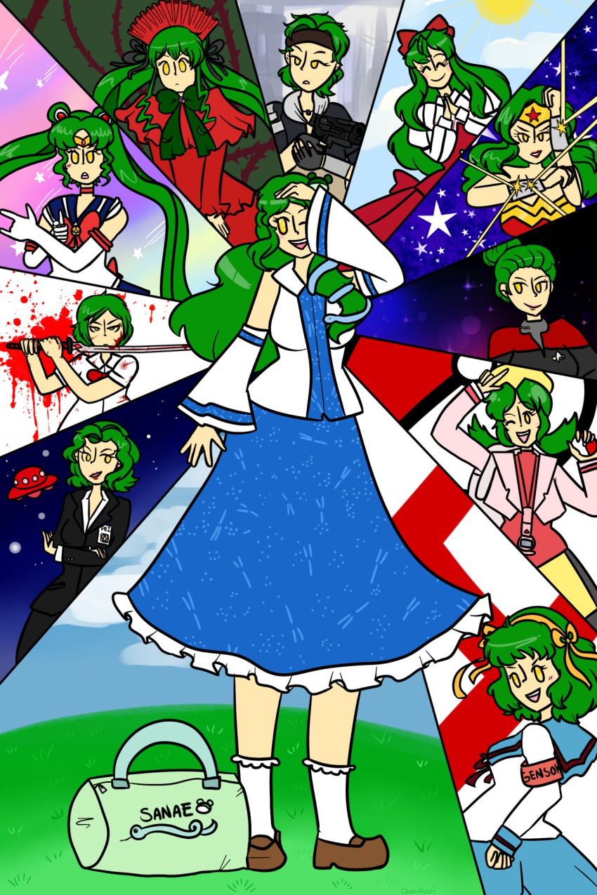 6+girls alyx_vance alyx_vance_(cosplay) bag bishoujo_senshi_sailor_moon blood blood+ blue_sailor_collar chenkari cosplay dana_scully dana_scully_(cosplay) dc_comics detached_sleeves duffel_bag fingerless_gloves gloves green_hair gun half-life half-life_(series) half-life_2 highres japanese_clothes kannazuki_no_miko kathryn_janeway kathryn_janeway_(cosplay) kochiya_sanae kris_(pokemon) kris_(pokemon)_(cosplay) kurusugawa_himeko kurusugawa_himeko_(cosplay) leotard miko multiple_girls nintendo otonashi_saya otonashi_saya_(cosplay) poke_ball pokegear pokemon rozen_maiden sailor_collar sailor_moon sailor_moon_(cosplay) sailor_senshi sailor_senshi_(cosplay) saya_no_uta school_uniform serafuku shinku shinku_(cosplay) star_trek star_trek:_voyager suzumiya_haruhi suzumiya_haruhi_(cosplay) thong_leotard touhou tsuki_ni_kawatte_oshioki_yo ufo vambraces weapon wonder_woman wonder_woman_(cosplay) x-files yellow_eyes