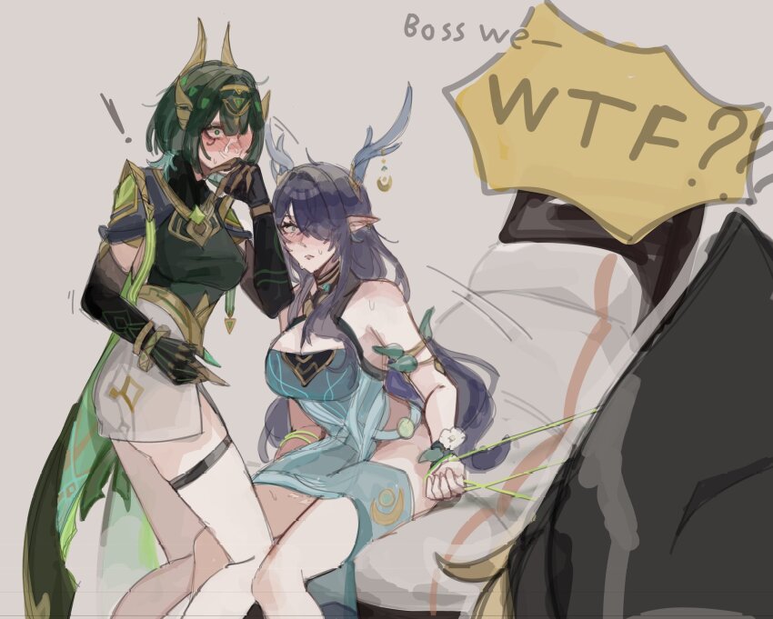 3girls antler_ornament antlers blush bound bound_arms bound_wrists cape claw_ring claws constricted_pupils covering_own_mouth dress english_text eni_(enidaisy69) eye_tattoo fake_claws genshin_impact green_eyes green_hair hat headpiece highres horns implied_after_cunnilingus jahoda_(genshin_impact) lauma_(genshin_impact) long_hair looking_at_another multiple_girls nefer_(genshin_impact) nose_blush pussy_juice pussy_juice_on_face rope short_hair shouting sitting standing surprised sweat tattoo thigh_strap usekh_collar very_long_hair wet wet_face yuri