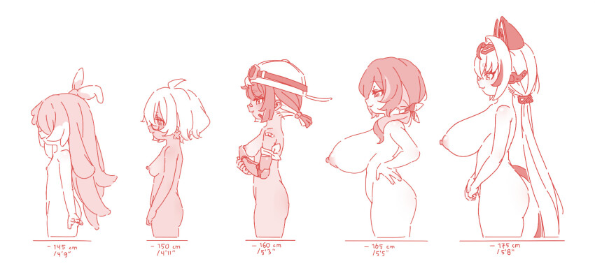 5girls breasts glasses height_chart height_difference helmet highres large_breasts long_hair measurements multiple_girls nude paripariarts ponytail