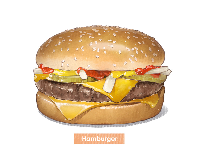 bread_bun burger cheese commentary_request english_text fast_food food food_focus highres jchoy ketchup meat onion onion_slice original pickle sandwich sauce sesame_seeds shadow simple_background sliced_meat still_life white_background