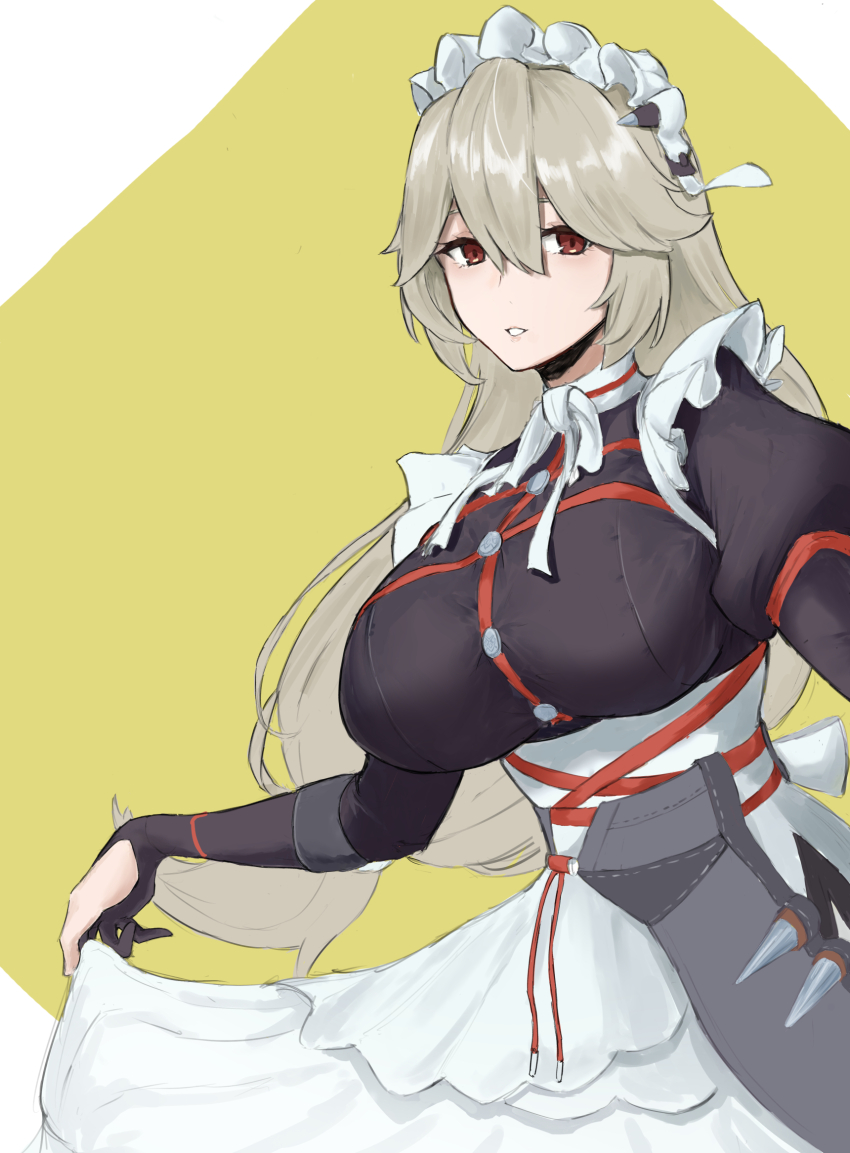 1girl alexandrina_sebastiane apron black_dress black_gloves breast_strap breasts buttons chest_strap dress fingerless_gloves gloves grey_hair highres large_breasts long_dress long_hair looking_at_viewer maid_apron maid_headdress red_eyes sagaharuto solo standing teeth very_long_hair zenless_zone_zero