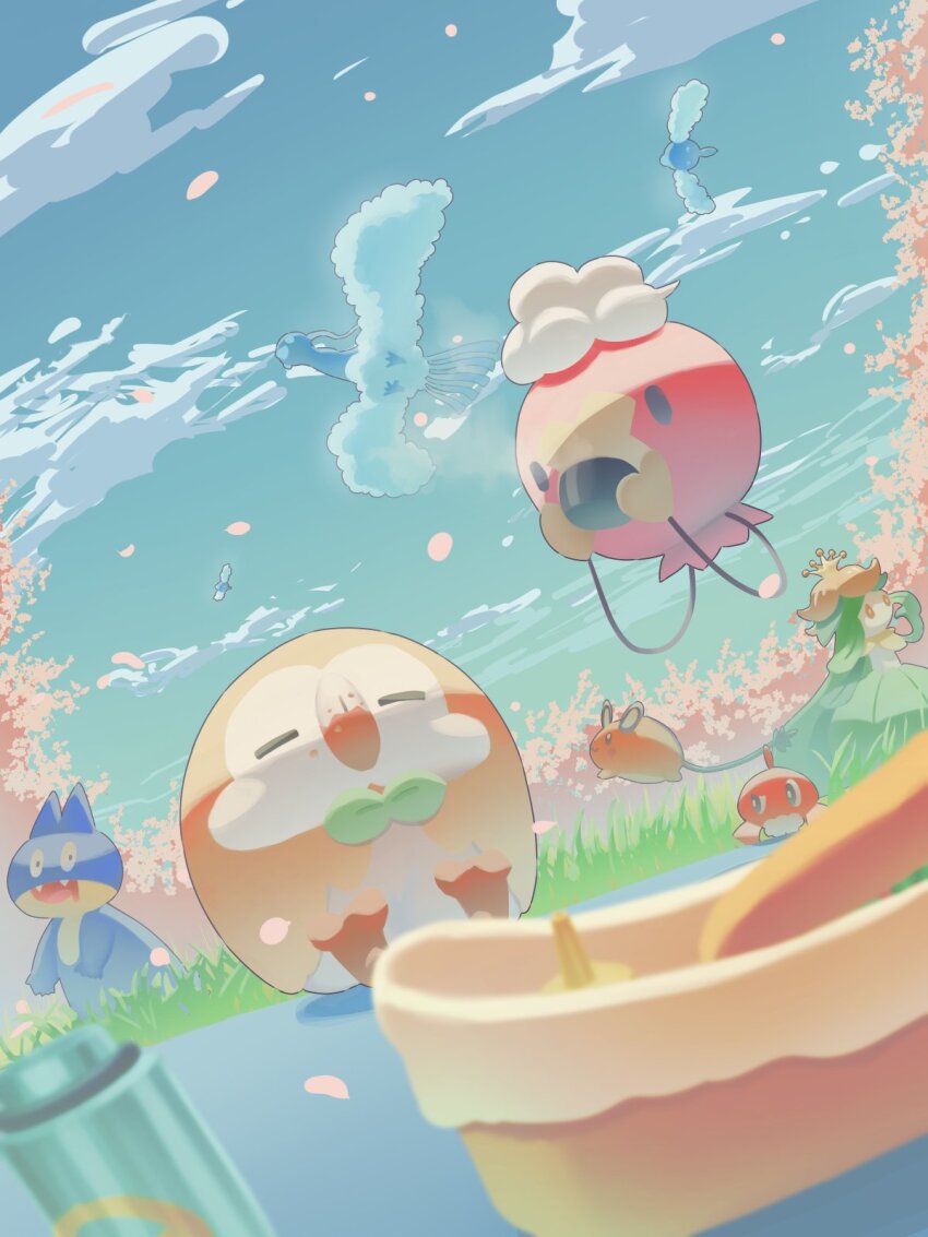 altaria blurry blurry_foreground closed_eyes cloud commentary_request cup day dedenne drifloon drinking eating falling_petals food food_on_face gen_3_pokemon gen_4_pokemon gen_5_pokemon gen_6_pokemon gen_7_pokemon grass highres holding holding_cup lilligant mokukitusui munchlax nintendo no_humans outdoors petals pokemon pokemon_(creature) rowlet sitting sky swablu tatsugiri