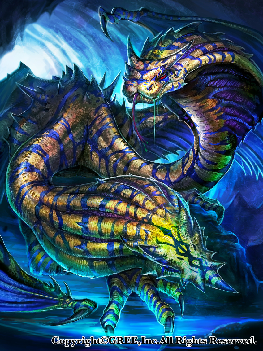 absurdres acid cave commentary dragon closed_eyes forked_tongue highres monster multiple_heads no_humans official_art red_eyes rock seisen_cerberus slit_pupils snake striped tongue tongue_out watermark wings z.dk