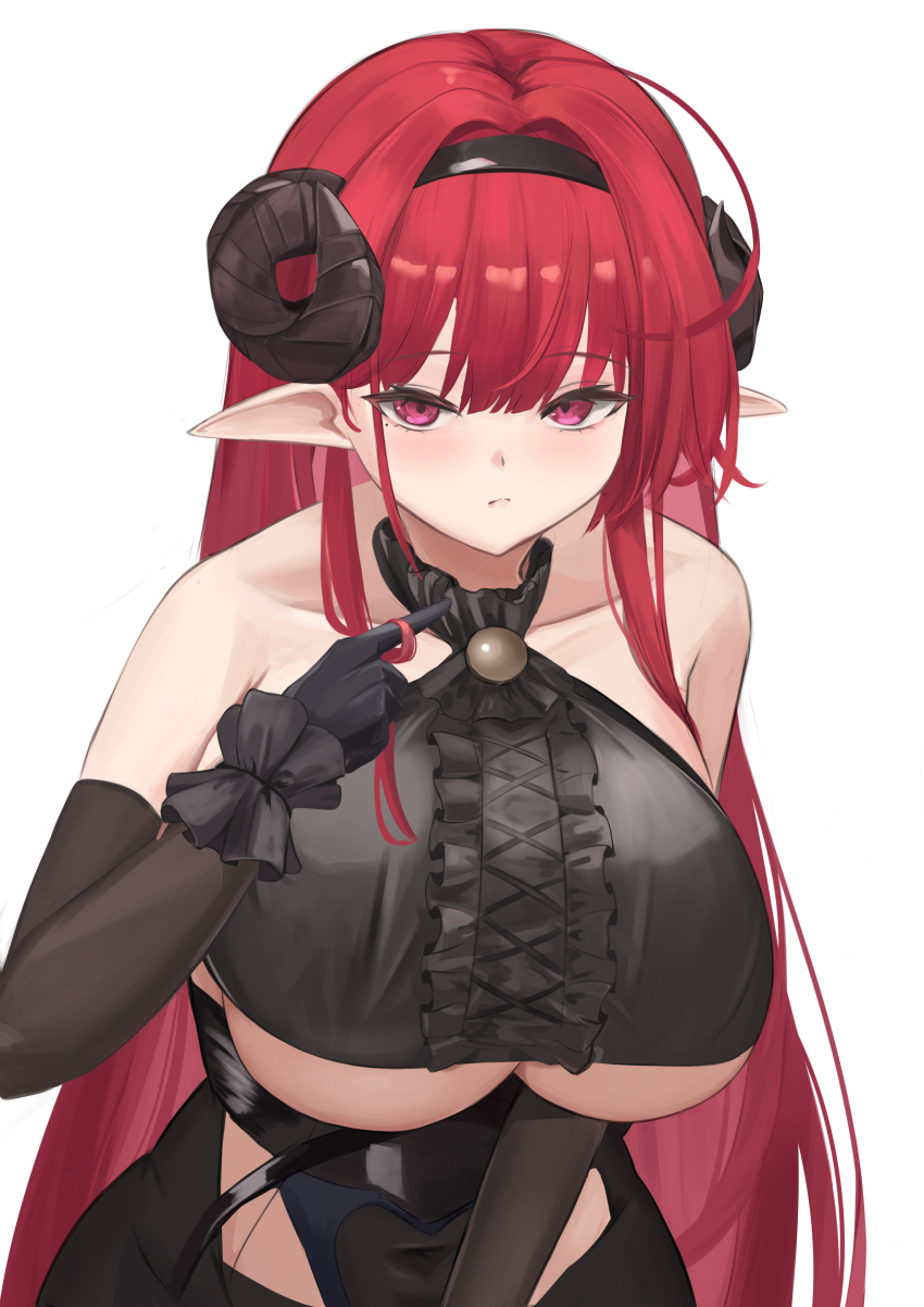 1girl absurdres azur_lane bare_shoulders black_dress black_gloves black_hairband black_horns breasts closed_mouth clothing_cutout covered_navel curled_horns dress elbow_gloves frilled_dress frills gloves hairband highres hindenburg_(azur_lane) horns large_breasts long_hair looking_at_viewer pointy_ears red_eyes red_hair remapack77 simple_background solo underboob underboob_cutout white_background