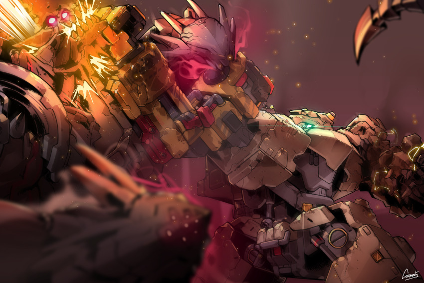 1other absurdres artist_name blurry chatterbox_(nikke) commentary cosmo-5 depth_of_field dust english_commentary glowing glowing_eyes goddess_of_victory:_nikke green_eyes grey_background highres kilo_(nikke) mecha mecha_focus monster monster_focus no_humans no_pupils punching rapture_(nikke) red_eyes robot sharp_teeth signature sparks spoilers talos_(nikke) teeth uppercut