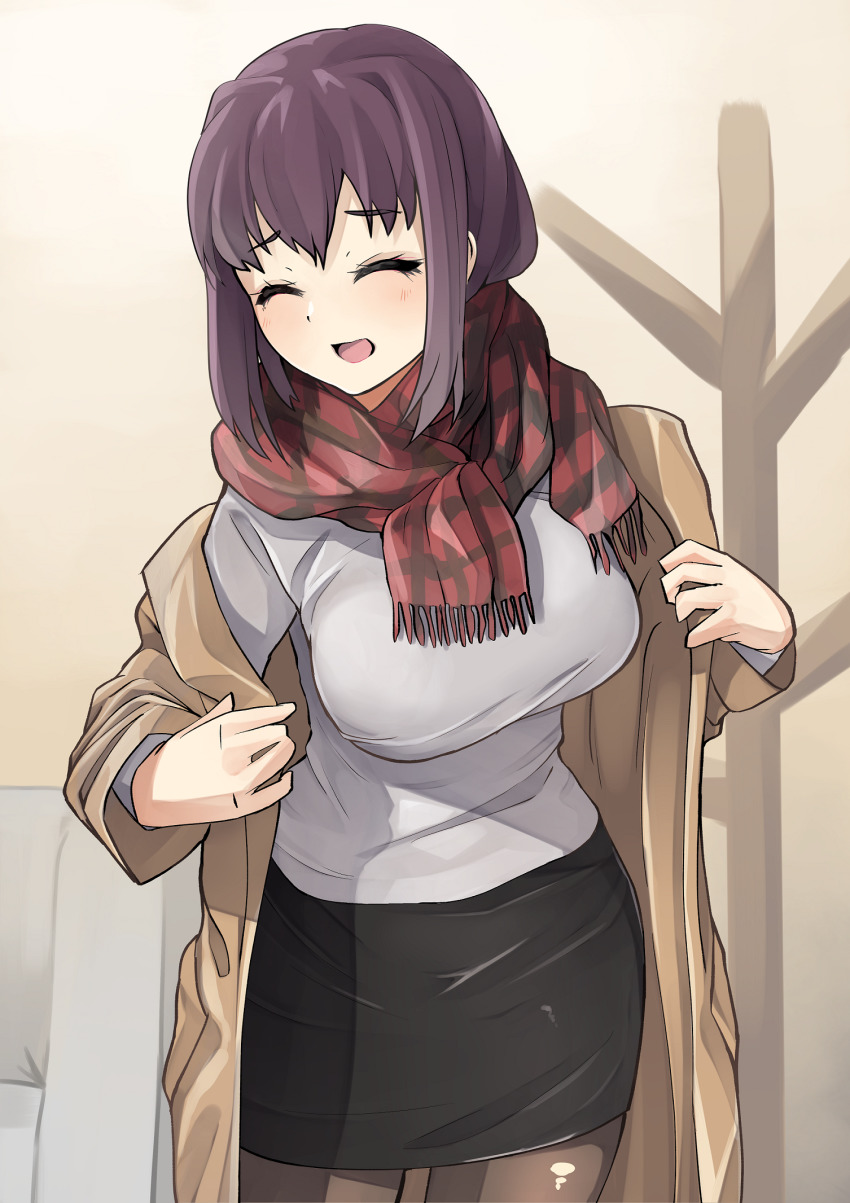 1girl black_pantyhose black_skirt breasts brown_coat brown_eyes brown_hair casual closed_eyes coat coat_rack commentary facing_viewer fringe_trim girls_und_panzer grey_shirt highres indoors kakimoto_nao kondou_taeko large_breasts medium_hair miniskirt no_headband open_mouth pantyhose pencil_skirt plaid_clothes plaid_scarf red_scarf scarf shirt skirt smile solo standing