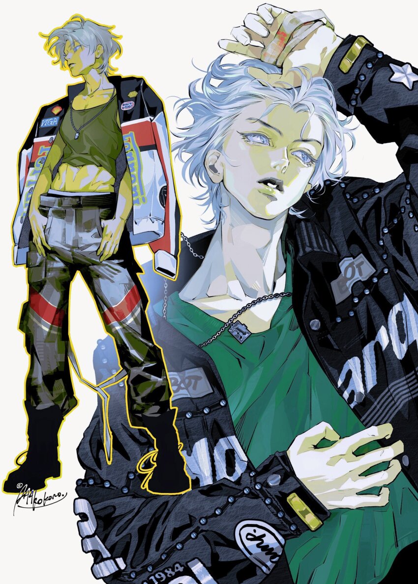 1girl aaakokoro androgynous arm_up artist_name bandaged_hand bandages belt black_jacket black_pants blood bloody_bandages breasts collage colored_skin commentary green_shirt grey_lips hand_on_own_chest highres jacket jacket_on_shoulders jewelry midriff mullet multiple_views necklace no_pupils original outline pants parted_lips realistic reverse_trap shirt small_breasts symbol-only_commentary thumbs_in_pockets toned toned_female white_background white_eyes white_hair white_skin yellow_outline