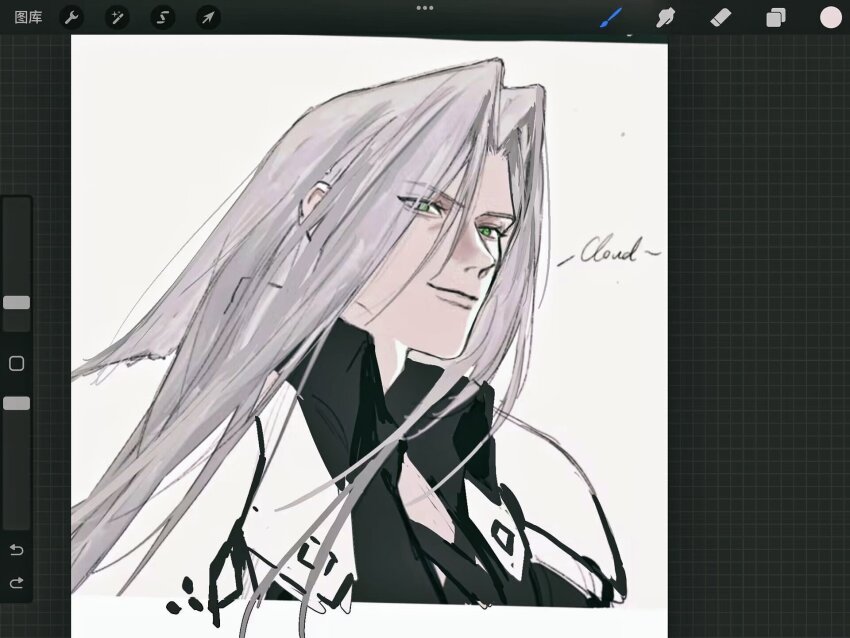 1boy aaamber_22 aqua_eyes armor art_program_in_frame black_coat chest_strap coat cropped_torso final_fantasy final_fantasy_vii grey_hair hair_between_eyes highres long_hair male_focus parted_bangs pauldrons portrait sephiroth shoulder_armor sketch slit_pupils solo white_background