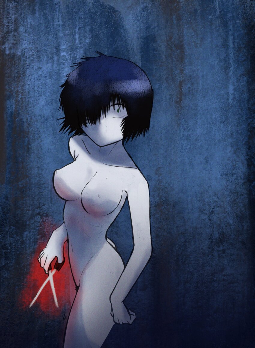 1girl arm_at_side ass black_hair blue_background bob_cut breasts collarbone completely_nude constricted_pupils female_pubic_hair glowing green_eyes hair_over_one_eye highres holding holding_scissors horror_(theme) large_breasts looking_at_viewer messy_hair nazo_no_kanojo_x nipples no_mouth nude pale_skin pubic_hair scissors short_hair solo standing threat twisted_torso urabe_mikoto veko_draw_friendo very_short_hair wide-eyed