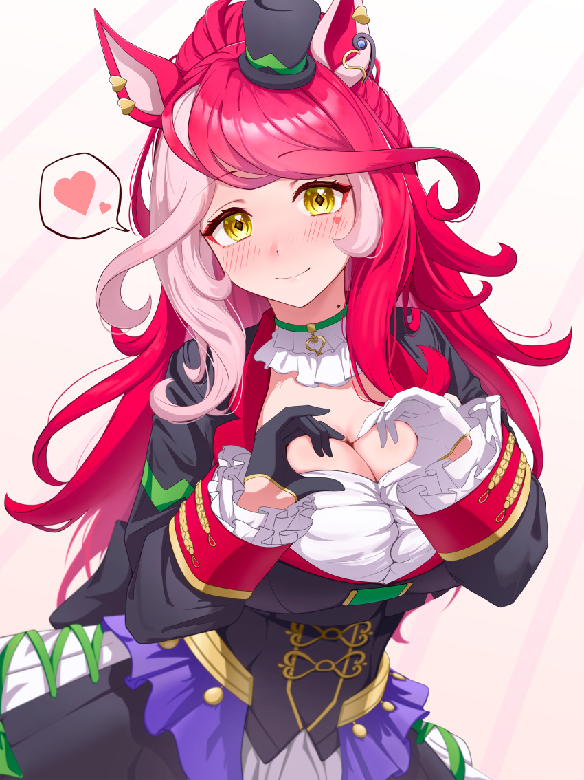 1girl 1m5papa absurdres animal_ears blush breasts cleavage closed_mouth collarbone hair_ornament heart heart_hands highres horse_ears horse_girl large_breasts looking_at_viewer loves_only_you_(umamusume) mole mole_on_neck mole_under_eye red_hair simple_background solo umamusume white_background yellow_eyes