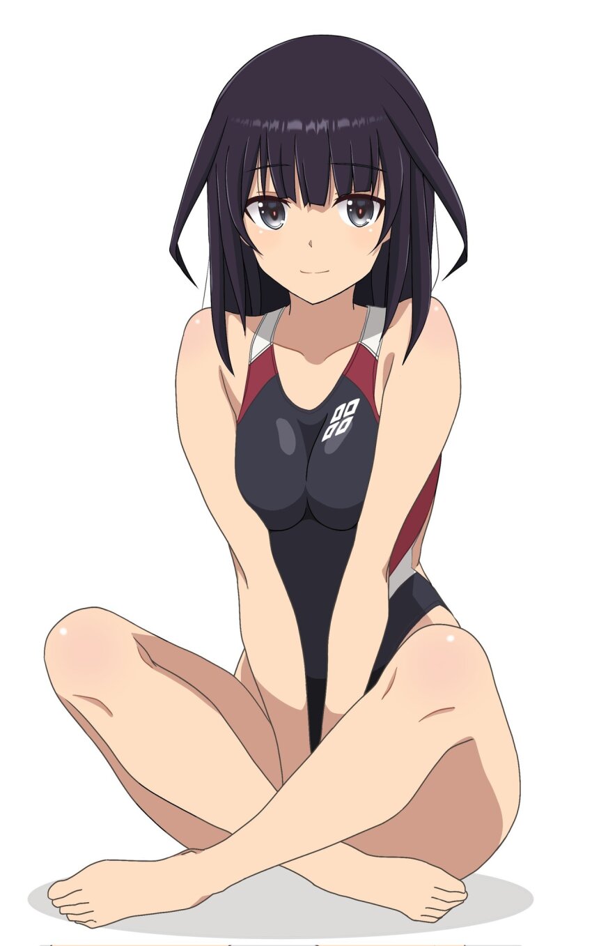 1girl agatsuma_kaede alice_gear_aegis barefoot black_eyes black_hair black_one-piece_swimsuit breasts commentary_request competition_swimsuit eighter highres indian_style long_hair looking_at_viewer medium_breasts multicolored_one-piece_swimsuit one-piece_swimsuit simple_background sitting solo swimsuit white_background