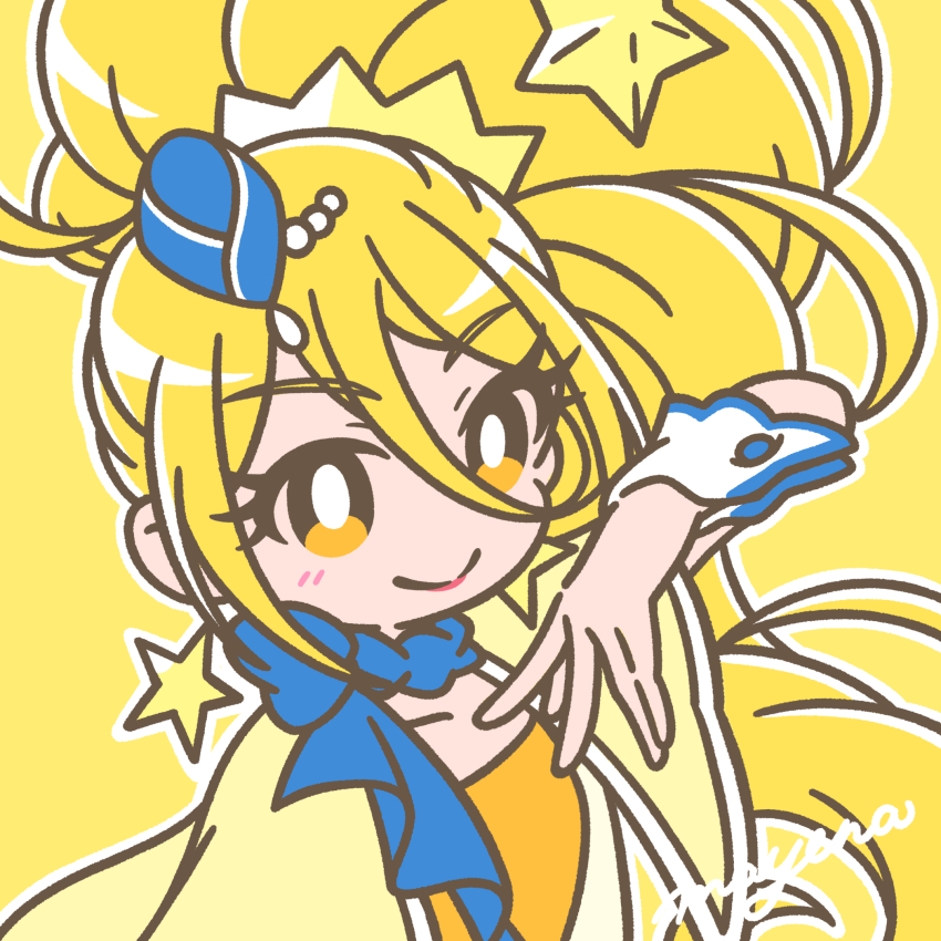 1girl blonde_hair blue_scarf blush bright_pupils closed_mouth collarbone cure_etoile earrings eyelashes flight_attendant garrison_cap hair_ornament hat high_side_ponytail highres hugtto!_precure jewelry kagayaki_homare lipstick long_hair looking_at_viewer magical_girl makeup mayena mini_hat outline precure red_lips scarf side_ponytail signature simple_background smile solo star_(symbol) star_earrings star_hair_ornament travel_attendant upper_body white_outline white_pupils wrist_cuffs yellow_background yellow_eyes