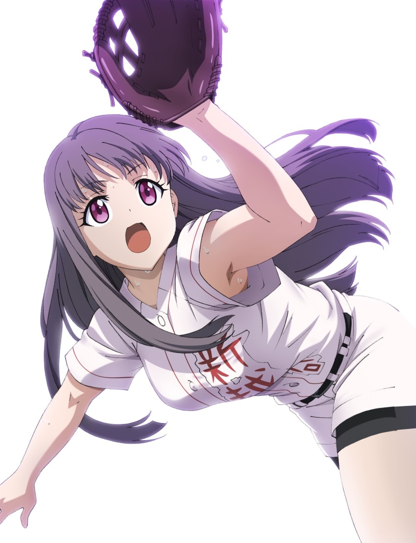 1girl armpits baseball baseball_bat baseball_glove baseball_jersey baseball_uniform belt bike_shorts bike_shorts_under_shorts breasts clothes_writing fujiwara_risa gloves helmet highres jersey kikuta_kouichi large_breasts long_hair official_art open_mouth outstretched_arms purple_eyes purple_hair short_sleeves shorts simple_background sportswear sweat tamayomi thighs white_background