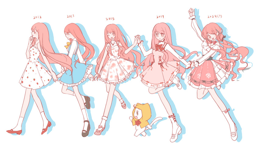2012 2013 2015 2019 2024 5girls :o ? age_progression animal ankle_socks arm_up bare_arms bare_shoulders bead_necklace beads belt black_belt black_bow blue_dress blunt_bangs bow bow_choker bow_legwear bow_skirt bowtie brown_eyes brown_footwear capelet cat choker closed_mouth clothed_animal clothes_writing covered_collarbone cross-laced_clothes cross-laced_dress cross-laced_legwear dress dress_bow drop_shadow ear_covers floating_hair floral_print flower flower_necklace food_print frilled_dress frilled_shirt frilled_skirt frills fruit_print full_body hair_bow hand_on_own_chest happy heart high_heels holding_hands hood hood_up hooded_capelet infinity_nikki interlocked_fingers jewelry jianuannuannuan layered_skirt long_hair long_sleeves looking_ahead looking_at_another looking_at_viewer low_twintails mary_janes miniskirt miracle_nikki momo_(nikki) multiple_girls necklace nikki_(nikki) nikki_(series) nikki_up2u nikki_up2u2:_world_traveller off-shoulder_shirt off_shoulder one_eye_closed pinafore_dress pink_bow pink_bowtie pink_choker pink_dress pink_hair pink_shoes pink_skirt pleated_dress pleated_skirt procreate_(medium) pumps red_bow red_bowtie red_flower red_footwear red_rose rose rose_print shining_nikki shirt shoes short_dress sidelocks simple_background skirt sleeveless sleeveless_dress sleeveless_shirt smile snowflake_print socks strapless strapless_dress strawberry_print turtleneck turtleneck_shirt twintails very_long_hair walking white_background white_cat white_dress white_footwear white_shirt white_skirt white_socks yellow_bow yellow_bowtie yellow_capelet