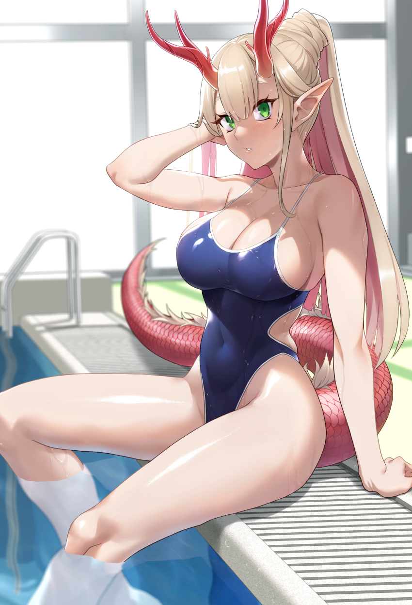 1girl absurdres arm_up blonde_hair blush breasts cleavage commentary_request competition_swimsuit covered_navel dragon_girl dragon_horns dragon_tail green_eyes high_ponytail highres horns large_breasts long_hair looking_at_viewer one-piece_swimsuit original parted_lips pointy_ears ponytail pool pool_ladder poolside prime_(prime_tw) sitting solo swimsuit tail wet