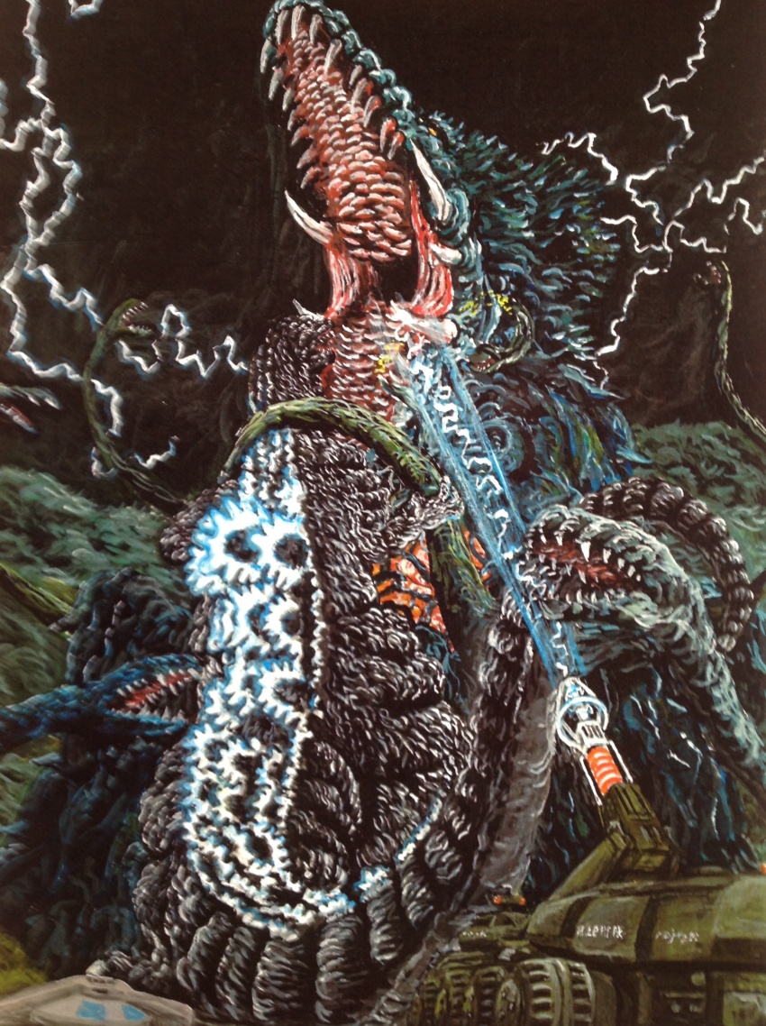 absurdres biollante black_sky bleeding blood cannon colored_blood dinosaur directed-energy_weapon electricity energy energy_beam energy_cannon energy_weapon extra_mouth forest glowing godzilla godzilla_(series) godzilla_vs._biollante green_blood highres hill kaiju m6000_t.c._system maser maser_beam maser_cannon mbt-92 mbt-mb92 military military_vehicle motor_vehicle nature night no_humans plant real_world_location sky tank tentacles thermacabe toho tusks vines wakasa_bay weapon