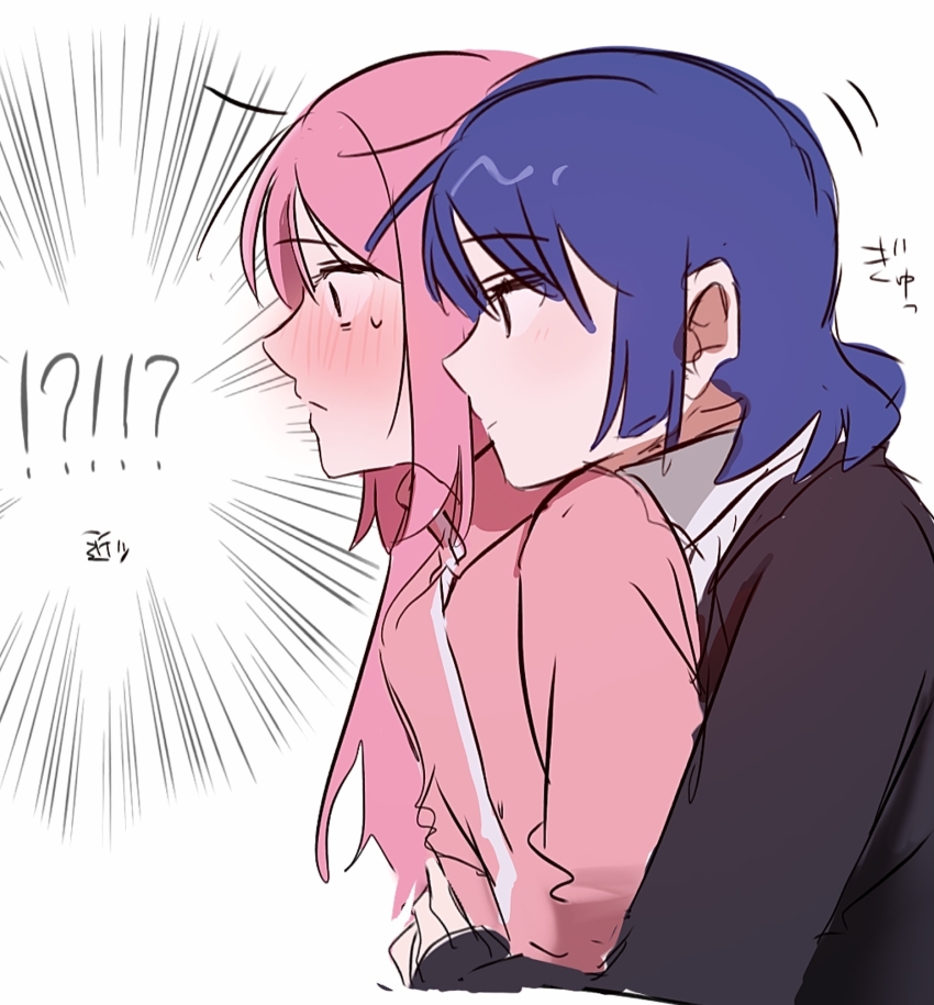 !? 2girls black_sweater blue_hair blush bocchi_the_rock! collared_shirt commentary embarrassed emphasis_lines expressionless from_side front-to-back gotoh_hitori highres hug hug_from_behind jacket long_hair looking_ahead motion_lines multiple_girls natari_(r161koevytjqxo) nose_blush pink_hair pink_jacket profile school_uniform shimokitazawa_high_school_uniform shirt short_hair sketch sound_effects surprised sweatdrop sweater track_jacket translation_request upper_body white_shirt wide-eyed yamada_ryo yuri