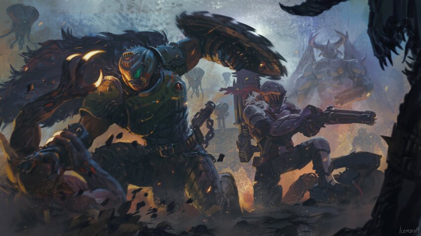 2boys absurdres armor assault_visor crossover demon doom:_the_dark_ages doom_(series) doomguy full_armor gloves goblin_slayer goblin_slayer! green_armor gun helmet highres holding holding_gun holding_shield holding_weapon horns icemarv14 knight multiple_boys power_armor praetor_suit shield shotgun spikes visor_(armor) weapon