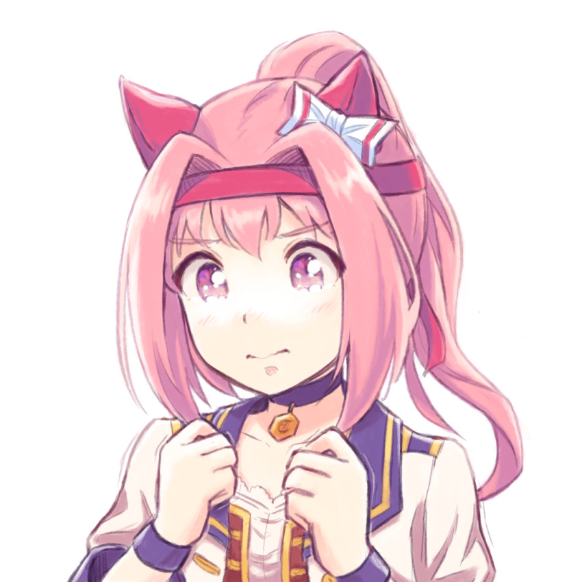 1girl animal_ears blue_choker bow choker closed_mouth collarbone commentary_request hair_bow hair_intakes hands_up haru_urara_(umamusume) headband horse_ears horse_girl iamsako jacket long_hair open_clothes open_jacket pink_eyes pink_hair ponytail portrait red_headband shirt simple_background solo starting_future_(umamusume) tareme umamusume white_background white_bow white_jacket white_shirt wristband