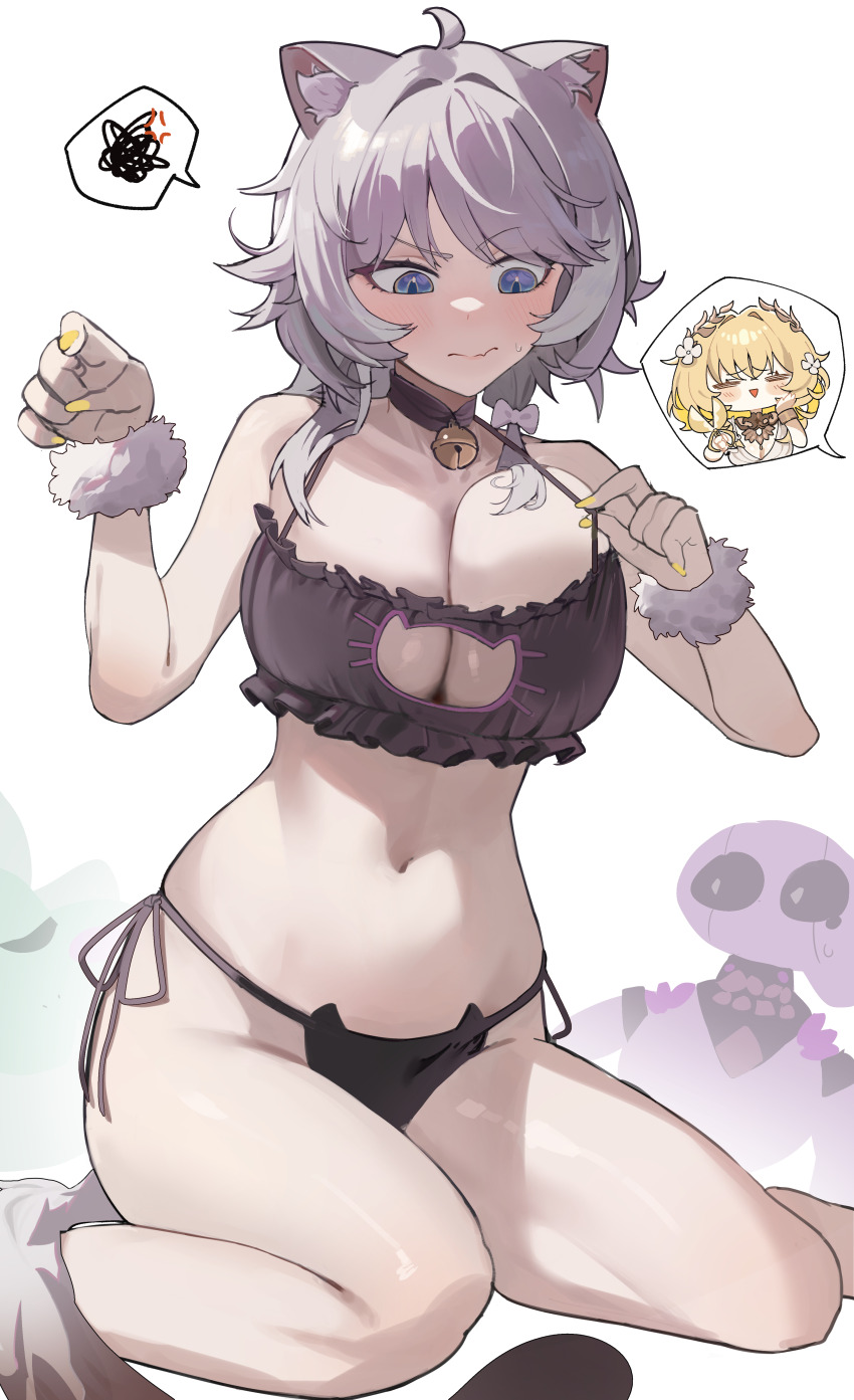 1girl 2girls absurdres aglaea_(honkai:_star_rail) anger_vein animal_ears bell bikini black_bra black_panties blonde_hair blue_eyes bra breasts cat_cutout cat_ear_panties cat_ears cat_girl cat_lingerie cat_tail cipher_(honkai:_star_rail) cleavage clothing_cutout commentary_request curryman_(curryman06) grey_hair highres honkai:_star_rail honkai_(series) korean_commentary large_breasts laurel_crown multiple_girls navel neck_bell panties scrunchie short_hair_with_long_locks simple_background sitting spirithief_bartholos_(honkai:_star_rail) spoken_squiggle squiggle stomach swimsuit tail thighs underwear wariza white_background white_streaks wrist_scrunchie yellow_nails