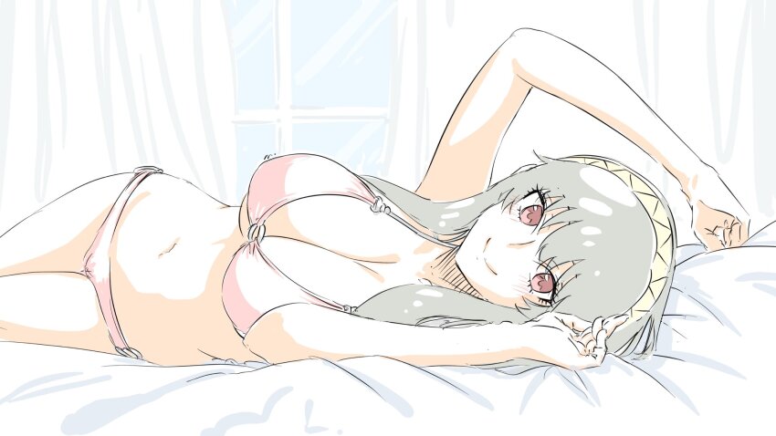 1girl bikini black_hair breasts cleavage closed_mouth curtains hairband highres large_breasts limited_palette long_hair lying mitsugu navel on_side pink_bikini red_eyes smile solo spy_x_family swimsuit window yellow_hairband yor_briar