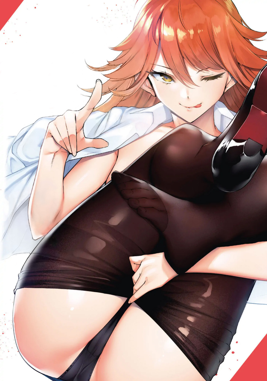 1girl ;p ass black_panties black_pantyhose cameltoe cleaned clothes_pull comic_cover crossed_ankles destiny_lovers feet feet_up flipped_hair high_heels highres hugging_own_legs kirishima_erina long_eyelashes long_hair no_bra official_art one_eye_closed orange_hair paint_splatter panties pantyhose pantyhose_pull pantyshot pointing pointing_at_viewer shirt_on_shoulders simple_background sitting solo third-party_edit third-party_source tomohiro_kai tongue tongue_out underwear white_background yellow_eyes