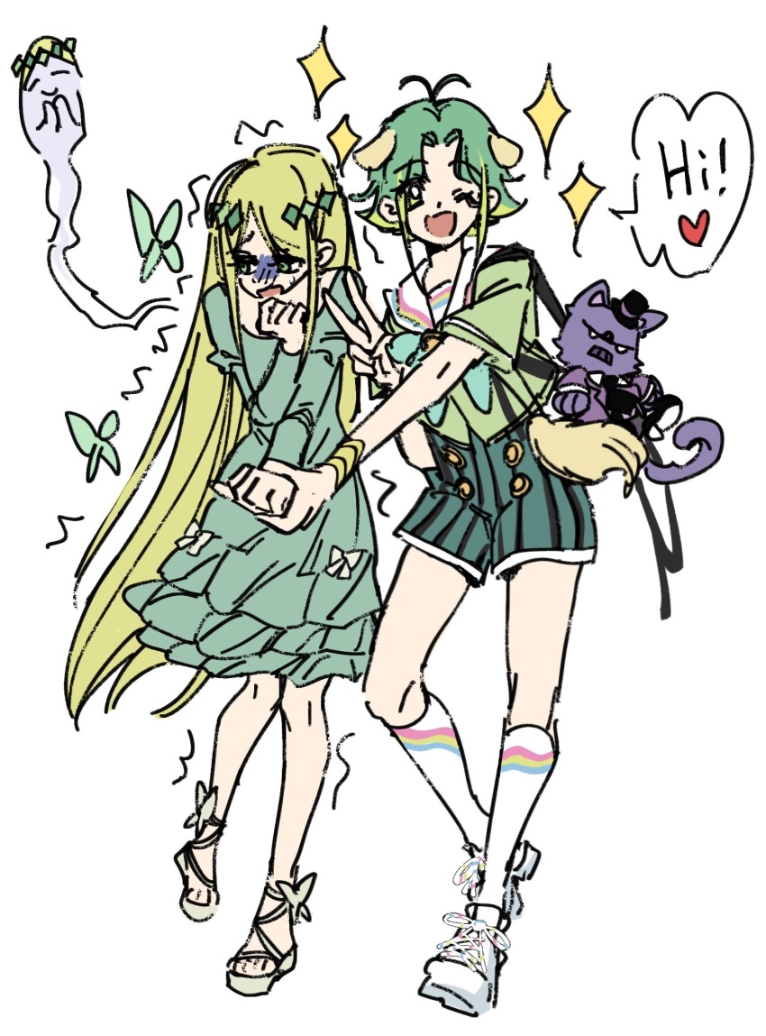 16personalities 2girls animal_ears antenna_hair aqua_dress aqua_shorts brown_sandals campaigner_(16personalities) dog_ears dog_tail dress embarrassed english_text full_body giving_up_the_ghost green_eyes green_hair highres long_hair looking_at_viewer mediator_(16personalities) multicolored_hair multiple_girls one_eye_closed open_mouth sandals shoes short_hair shorts simple_background sneakers socks speech_bubble streaked_hair tail very_long_hair white_background white_sneakers white_socks wumingshi65967
