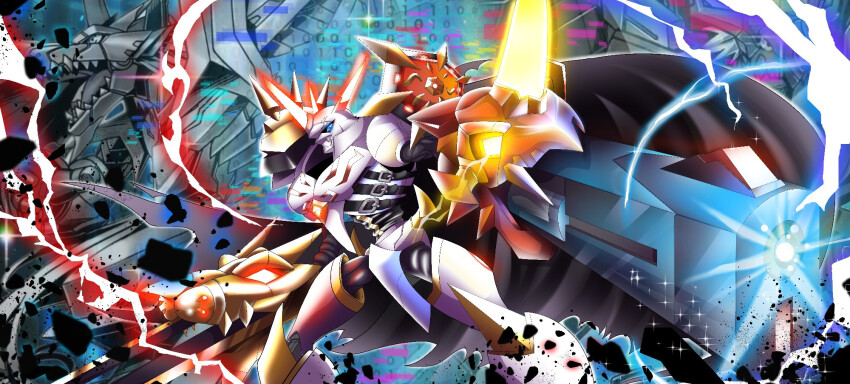 blitzgreymon cresgarurumon digimon digimon_(creature) energy fusion highres horns omegamon_alter-s solo