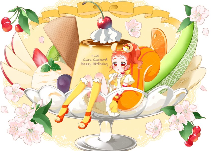 1girl :o absurdres animal_ears apple apple_slice arisugawa_himari bloomers blush character_name cherry choker cup cure_custard dated dress elbow_gloves flat_chest flower food frilled_dress frills fruit gloves grapes happy_birthday high_ponytail highres kirakira_precure_a_la_mode kiwi_(fruit) kiwi_slice kneehighs large_tail magical_girl medium_hair melon mini_person minigirl orange_(fruit) orange_hair orange_shoes orange_slice paw_shoes pear pear_slice ponytail precure pudding pudding_hair_ornament reclining red_eyes shoes short_bangs short_sleeves sidelocks simple_background socks solo squirrel_ears squirrel_girl squirrel_tail strappy_heels strawberry strawberry_slice tail underwear whipped_cream white_background white_gloves yellow_dress yellow_socks youyi_(yui010321)