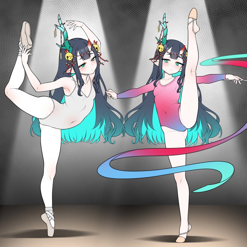 1girl absurdres asymmetrical_horns ballet ballet_class_clothes ballet_slippers bare_arms bell blush breasts closed_mouth covered_navel gradient_clothes gradient_leotard green_eyes green_hair grey_leotard highres horns jingle_bell kkam-sang leotard long_hair long_sleeves looking_at_viewer multiple_views original outstretched_arms pink_leotard pointy_ears small_breasts split spread_arms standing standing_on_one_leg standing_split tiptoes very_long_hair