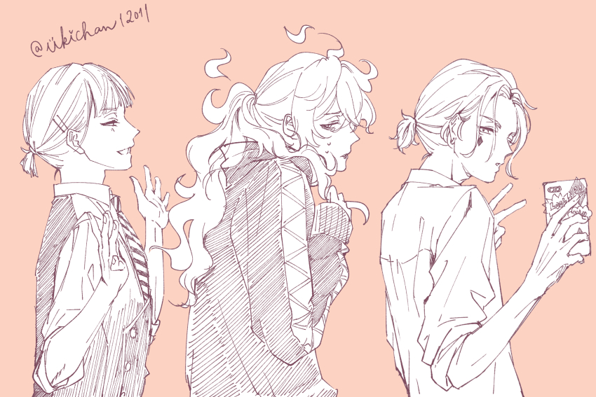 3boys cater_diamond cellphone commentary_request highres holding holding_phone idia_shroud jacket looking_at_viewer male_focus multiple_boys phone pink_background ponytail rook_hunt short_ponytail simple_background smartphone twisted_wonderland ukichan12011