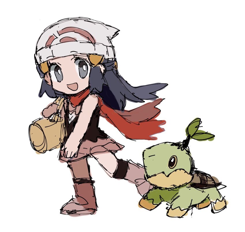 1girl :d bag beanie black_shirt black_socks blue_hair boots bright_pupils chibi dark_blue_hair dawn_(pokemon) duffel_bag gen_4_pokemon grey_eyes hair_ornament half_updo hat highres kneehighs leg_up long_hair miniskirt nintendo no_nose open_mouth pink_boots pink_skirt pokemon pokemon_(creature) pokemon_dppt red_scarf running scarf shichibee_(stm_mimi) shirt simple_background skirt smile socks turtle turtwig white_background white_hat white_pupils yellow_bag
