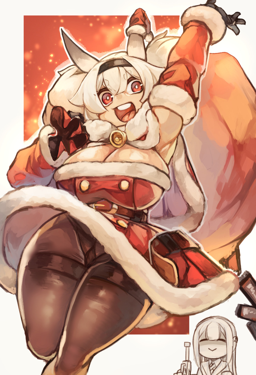 2girls absurdres alvis_(last_origin) andvari_(last_origin) bag breasts character_request christmas cleavage closed_eyes dress female_focus hat highres huge_breasts jumping larribee last_origin multiple_girls open_mouth pantyhose red_dress red_eyes santa_hat smile standing thick_thighs thighs tongue white_hair wide_hips