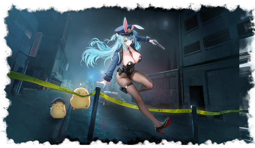 1girl absurdres animal_ears azur_lane between_breasts black_leotard blue_hair blue_jacket breasts brown_pantyhose cleavage floating_hair full_body gloves gun handgun hat high_heels highres holding holding_gun holding_weapon holster jacket large_breasts leotard long_hair looking_at_viewer manjuu_(azur_lane) necktie necktie_between_breasts neptune_(azur_lane) neptune_(officer_bunneptune_is_on_the_case!)_(azur_lane) night non-web_source official_alternate_costume official_art open_clothes outdoors pantyhose playboy_bunny police police_hat police_uniform pouch rabbit_ears red_necktie smile thigh_holster thigh_pouch thigh_strap weapon white_gloves yellow_eyes