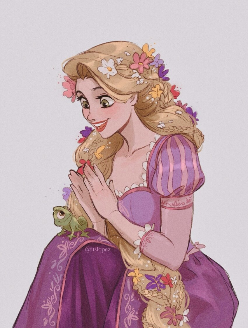 1girl artist_name blonde_hair chameleon dress flower green_eyes grey_background hair_flower hair_ornament highres itslopezz long_hair open_mouth pascal_(tangled) pink_flower puffy_short_sleeves puffy_sleeves purple_dress purple_flower rapunzel_(disney) short_sleeves simple_background solo tangled teeth very_long_hair white_flower yellow_flower