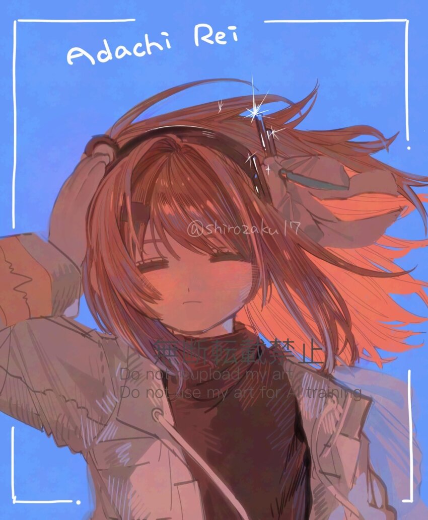 1girl a.i._voice adachi_rei arm_at_side blue_background blush character_name closed_eyes closed_mouth commentary_request facing_viewer floating_hair glint gloves hair_ribbon hand_on_own_head hand_up headlamp highres inset_border jacket long_sleeves medium_hair open_clothes open_jacket orange_hair radio_antenna red_shirt ribbon shirozakura shirt solo upper_body utau watermark white_gloves white_jacket wind