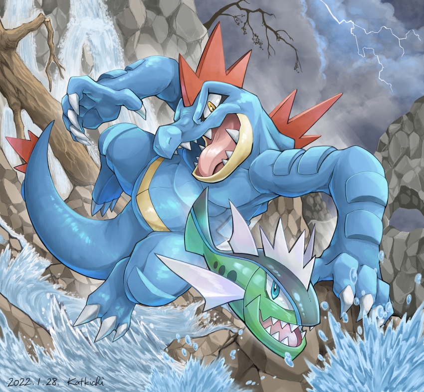 absurdres animal_focus basculin basculin_(blue) claws cloud cloudy_sky commentary_request feraligatr fish gen_2_pokemon gen_5_pokemon highres katkichi lightning nintendo no_humans open_mouth outdoors pokemon pokemon_(creature) sharp_teeth sky splashing teeth tongue water yellow_eyes
