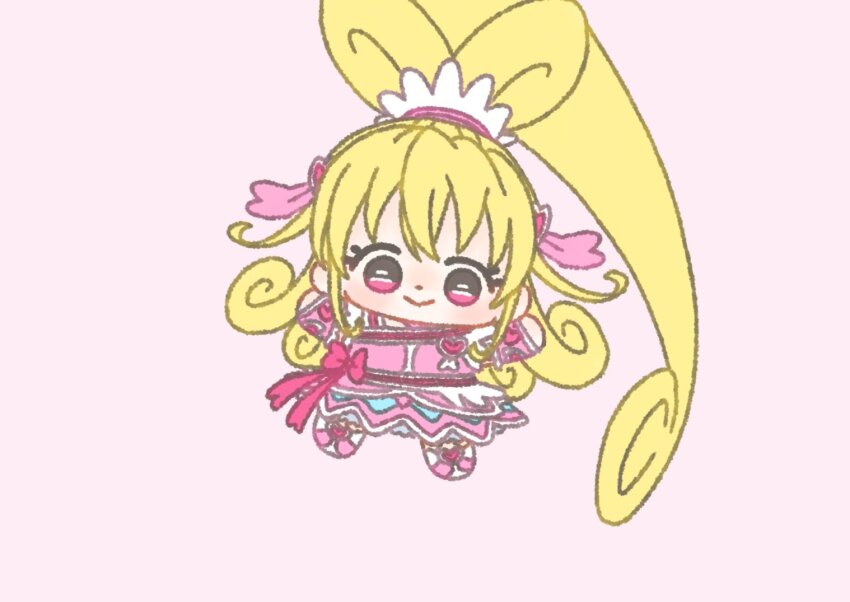 1girl absurdly_long_hair aida_mana blonde_hair boots bow brooch chibi closed_mouth cure_heart curly_hair dokidoki!_precure dress eyelashes footwear_bow hair_ornament hair_ribbon hair_tie happy heart heart-shaped_hair heart_brooch heart_hair_ornament high_ponytail ichigo_usuhana jewelry long_hair looking_at_viewer magical_girl medium_dress outstretched_arms pink_arm_warmers pink_background pink_bow pink_brooch pink_dress pink_eyes pink_ribbon pink_theme ponytail precure ribbon short_sleeves simple_background smile solo tareme very_long_hair waist_bow white_boots