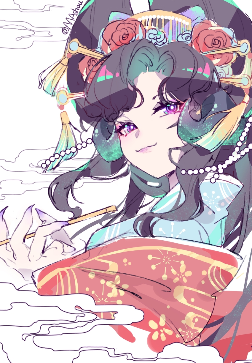1girl absurdres alternate_costume anjo_nala aqua_kimono artist_name black_hair closed_mouth curled_horns datehyogo demon_horns flower from_side hair_flower hair_ornament highres holding holding_smoking_pipe horns japanese_clothes kimono layered_kimono longze_mashu looking_at_viewer low_horns medium_hair nihongami oiran parted_bangs print_kimono purple_eyes purple_nails red_flower red_kimono reverse:1999 sketch smile smoke smoking_pipe solo upper_body white_background